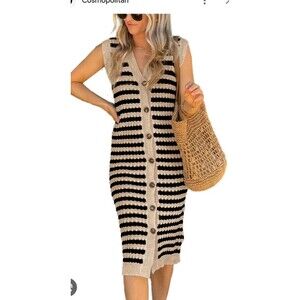 Blencot‎ Crochet Striped Midi Dress Cream Black Button Summer Boho Large NWT